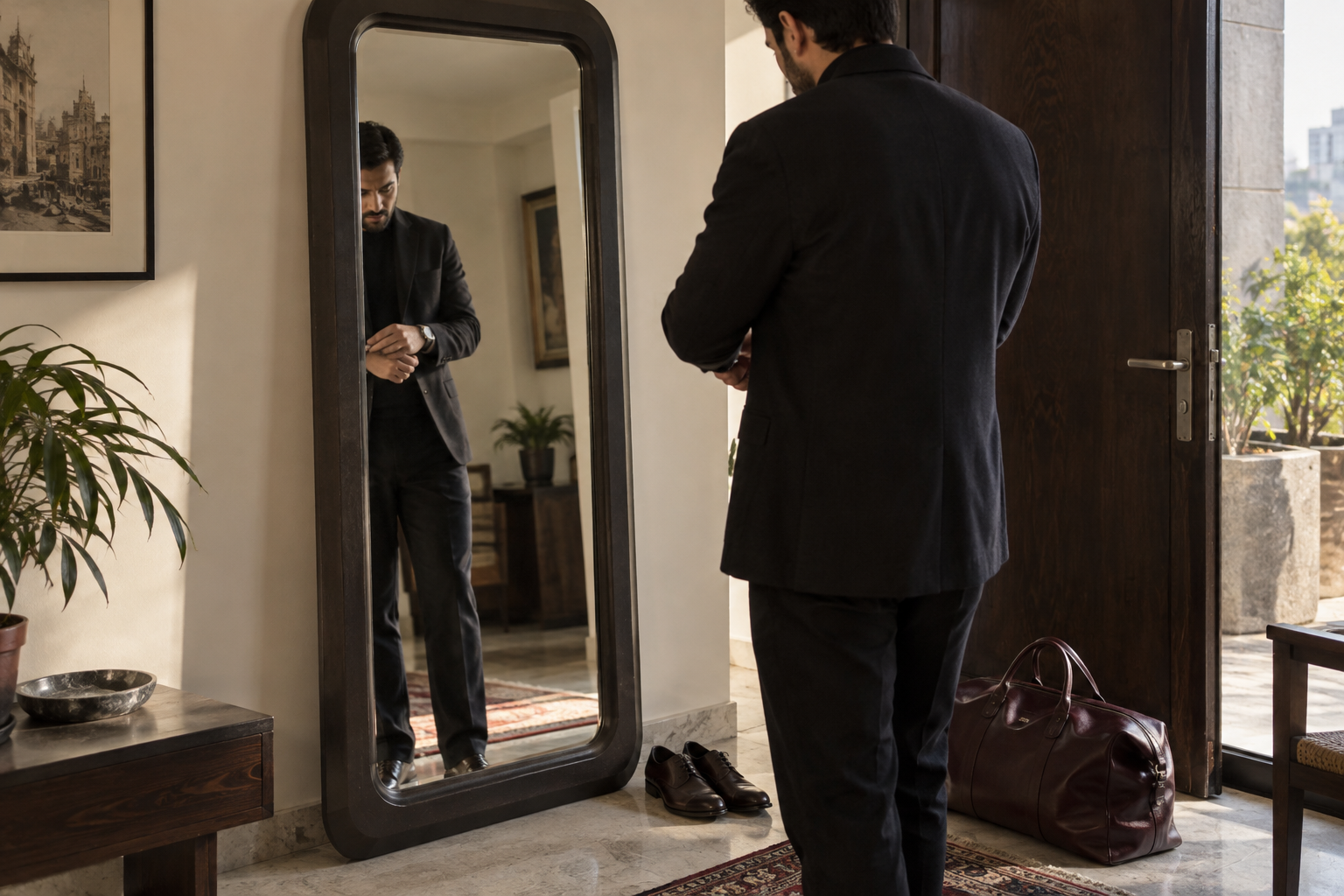 A person checking their watch in the PORTAL mirror before leaving
