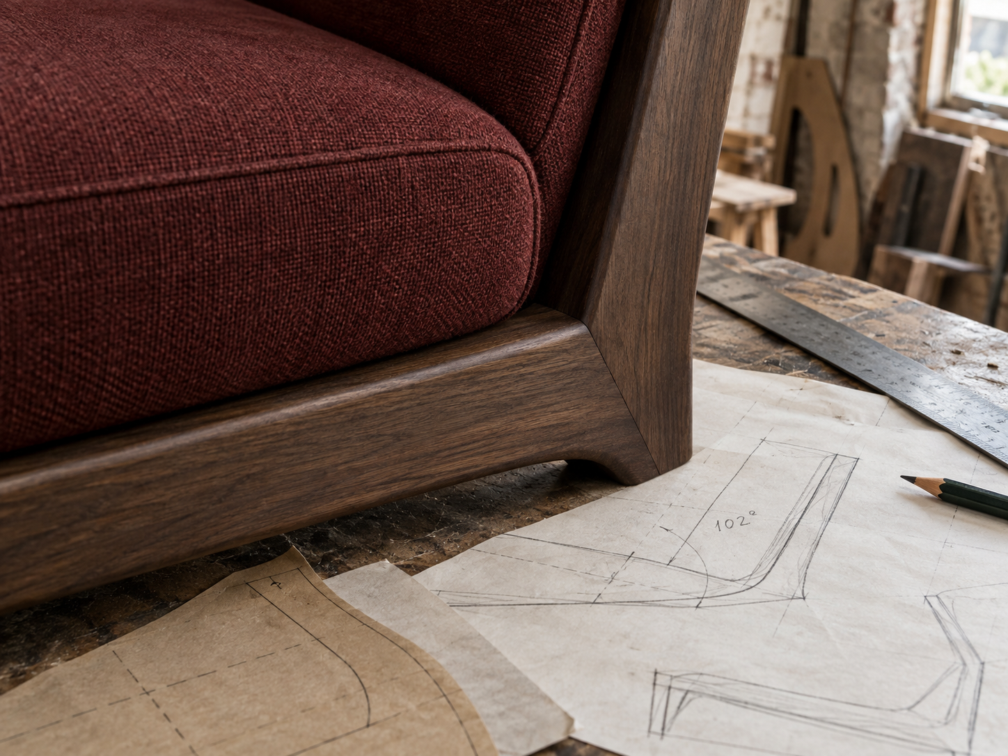 Close detail of RESET's timber frame, cushion and design drawings