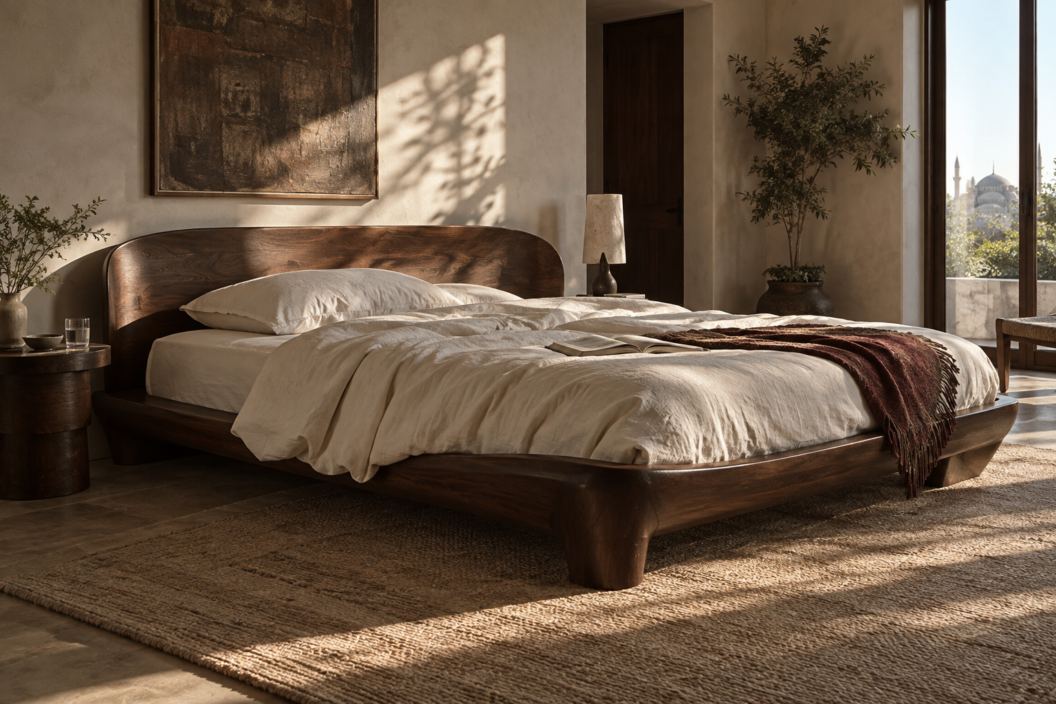 The sculptural WANT bed in a lived-in bedroom filled with afternoon light