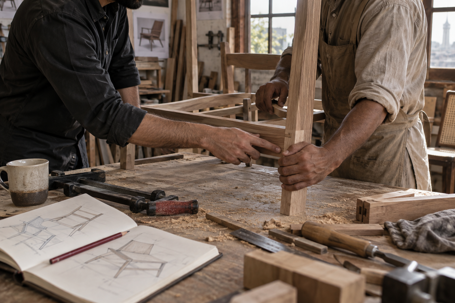 A designer and craftsperson assembling a timber chair frame in the AKS workshop